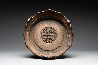 A massive Vietnamese copper- and silver-inlaid 'Buddhist lion' censer and cover on stand, 19th C.