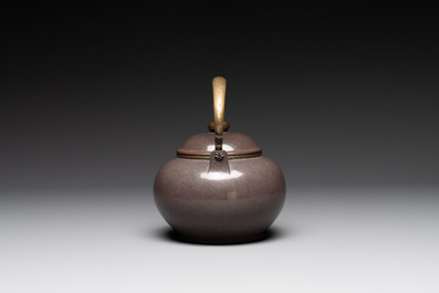 Three Chinese Thai market polished Yixing stoneware teapots with brass mounts, 19th C.
