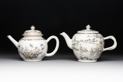 A Chinese gilt-decorated grisaille 'European subject' teapot and a 'flower basket' teapot, Qianlong