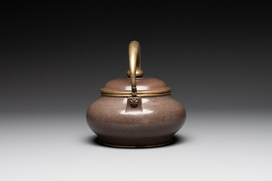 Three Chinese Thai market polished Yixing stoneware teapots with brass mounts, 19th C.