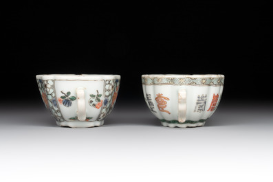 Two small Chinese famille verte handled cups with 'prunus on cracked ice' and 'shou' design, Kangxi