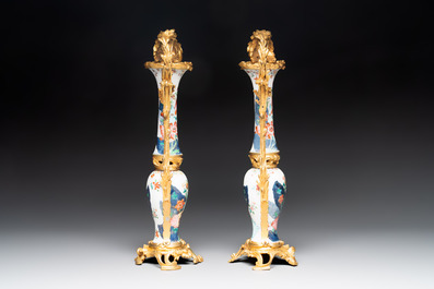 A pair of composed gilt bronze mounted Chinese famille rose 'tobacco leaf' vases, Qianlong