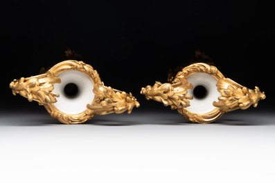 A pair of composed gilt bronze mounted Chinese famille rose 'tobacco leaf' vases, Qianlong