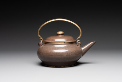 Three Chinese Thai market polished Yixing stoneware teapots with brass mounts, 19th C.