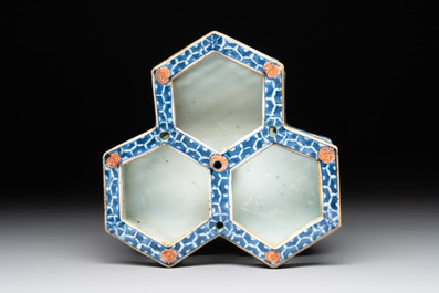 A rare Chinese famille rose reticulated hexagonal inkwell, Qianlong