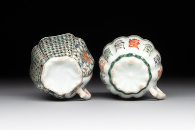 Two small Chinese famille verte handled cups with 'prunus on cracked ice' and 'shou' design, Kangxi