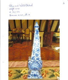 A blue and white Dutch Delft obelisk, late 17th C.