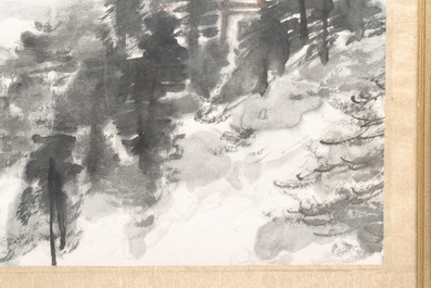 Huang Jusu 黃居素 (1897-1986): 'Mountainous landscape' and Chinese school: 'Pagoda', ink and colour on paper, dated 1969