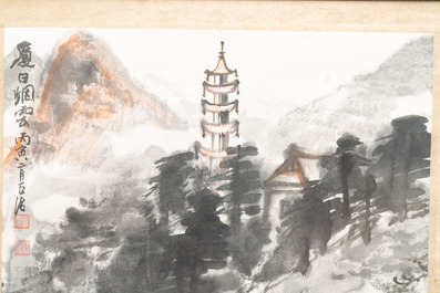 Huang Jusu 黃居素 (1897-1986): 'Mountainous landscape' and Chinese school: 'Pagoda', ink and colour on paper, dated 1969