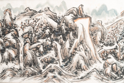 Huang Jusu 黃居素 (1897-1986): 'Mountainous landscape' and Chinese school: 'Pagoda', ink and colour on paper, dated 1969