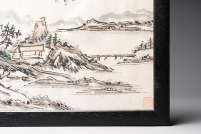Huang Jusu 黃居素 (1897-1986): 'Mountainous landscape' and Chinese school: 'Pagoda', ink and colour on paper, dated 1969