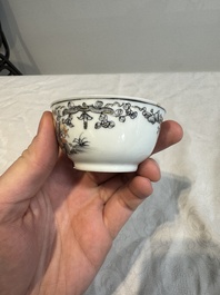 Four Chinese gilt-decorated grisaille 'crowned Juno and peacock' cups and saucers and a 'European subject' cup and saucer, Qianlong