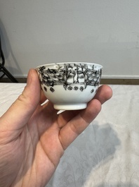 Four Chinese gilt-decorated grisaille 'crowned Juno and peacock' cups and saucers and a 'European subject' cup and saucer, Qianlong