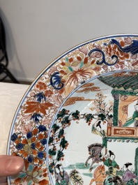 A pair of Chinese verte-Imari 'The Yang family female generals 楊門女將' dishes, Kangxi
