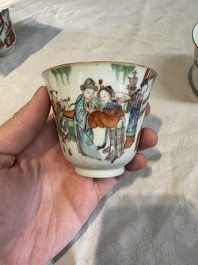 Six fine Chinese famille rose 'Xi Xiang Ji' cups and saucers, Xianfeng mark and of the period