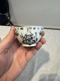 Four Chinese gilt-decorated grisaille 'crowned Juno and peacock' cups and saucers and a 'European subject' cup and saucer, Qianlong