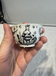 Four Chinese gilt-decorated grisaille 'crowned Juno and peacock' cups and saucers and a 'European subject' cup and saucer, Qianlong