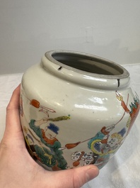 A Chinese famille rose 'warrior on horseback' vase and a wooden cover, Yongzheng/Qianlong