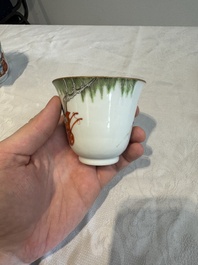 Six fine Chinese famille rose 'Xi Xiang Ji' cups and saucers, Xianfeng mark and of the period