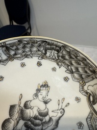 Four Chinese gilt-decorated grisaille 'crowned Juno and peacock' cups and saucers and a 'European subject' cup and saucer, Qianlong