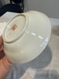 Six fine Chinese famille rose 'Xi Xiang Ji' cups and saucers, Xianfeng mark and of the period