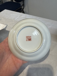 Six fine Chinese famille rose 'Xi Xiang Ji' cups and saucers, Xianfeng mark and of the period