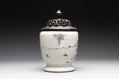 A Chinese famille rose 'riders on horseback' vase and a wooden cover, Yongzheng/Qianlong