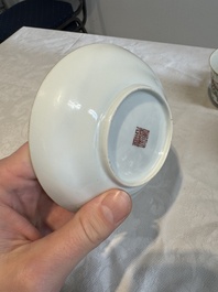 Six fine Chinese famille rose 'Xi Xiang Ji' cups and saucers, Xianfeng mark and of the period