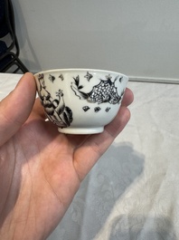 Four Chinese gilt-decorated grisaille 'crowned Juno and peacock' cups and saucers and a 'European subject' cup and saucer, Qianlong