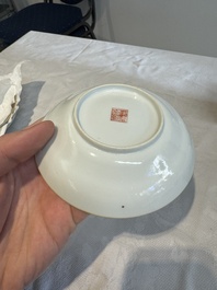 Six fine Chinese famille rose 'Xi Xiang Ji' cups and saucers, Xianfeng mark and of the period
