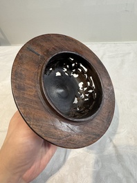 A Chinese blue and white vase with floral design and wooden cover, Transitional period