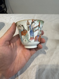 Six fine Chinese famille rose 'Xi Xiang Ji' cups and saucers, Xianfeng mark and of the period