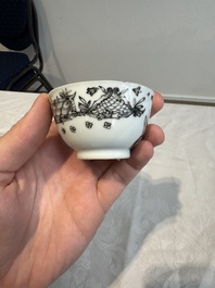 Four Chinese gilt-decorated grisaille 'crowned Juno and peacock' cups and saucers and a 'European subject' cup and saucer, Qianlong