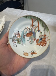 Six fine Chinese famille rose 'Xi Xiang Ji' cups and saucers, Xianfeng mark and of the period