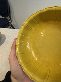 A pair of Chinese yellow-glazed jardini&egrave;res, Yongzheng mark, 20th C.