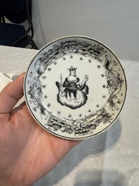 Four Chinese gilt-decorated grisaille 'crowned Juno and peacock' cups and saucers and a 'European subject' cup and saucer, Qianlong