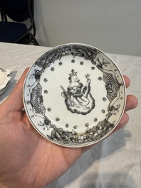 Four Chinese gilt-decorated grisaille 'crowned Juno and peacock' cups and saucers and a 'European subject' cup and saucer, Qianlong