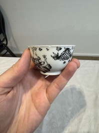 Four Chinese gilt-decorated grisaille 'crowned Juno and peacock' cups and saucers and a 'European subject' cup and saucer, Qianlong