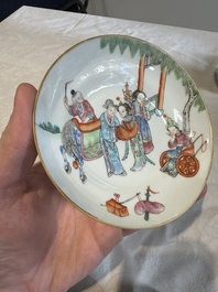 Six fine Chinese famille rose 'Xi Xiang Ji' cups and saucers, Xianfeng mark and of the period