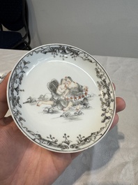 Four Chinese gilt-decorated grisaille 'crowned Juno and peacock' cups and saucers and a 'European subject' cup and saucer, Qianlong