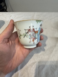 Six fine Chinese famille rose 'Xi Xiang Ji' cups and saucers, Xianfeng mark and of the period
