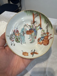 Six fine Chinese famille rose 'Xi Xiang Ji' cups and saucers, Xianfeng mark and of the period