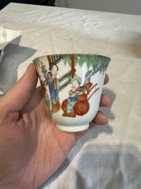 Six fine Chinese famille rose 'Xi Xiang Ji' cups and saucers, Xianfeng mark and of the period