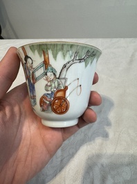 Six fine Chinese famille rose 'Xi Xiang Ji' cups and saucers, Xianfeng mark and of the period