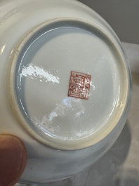 Six fine Chinese famille rose 'Xi Xiang Ji' cups and saucers, Xianfeng mark and of the period