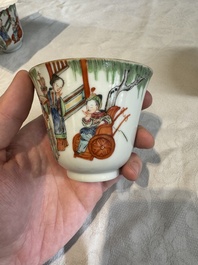 Six fine Chinese famille rose 'Xi Xiang Ji' cups and saucers, Xianfeng mark and of the period