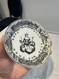 Four Chinese gilt-decorated grisaille 'crowned Juno and peacock' cups and saucers and a 'European subject' cup and saucer, Qianlong
