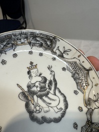 Four Chinese gilt-decorated grisaille 'crowned Juno and peacock' cups and saucers and a 'European subject' cup and saucer, Qianlong