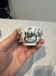 Four Chinese gilt-decorated grisaille 'crowned Juno and peacock' cups and saucers and a 'European subject' cup and saucer, Qianlong