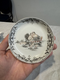 Four Chinese gilt-decorated grisaille 'crowned Juno and peacock' cups and saucers and a 'European subject' cup and saucer, Qianlong
